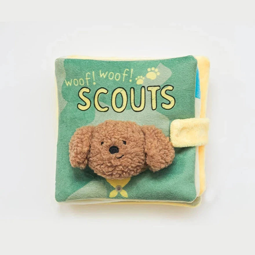 Interactive dog toy book with hidden treat compartments and a built-in squeaker for mental stimulation and enrichment