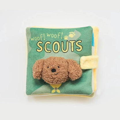 Interactive dog toy book with hidden treat compartments and a built-in squeaker for mental stimulation and enrichment