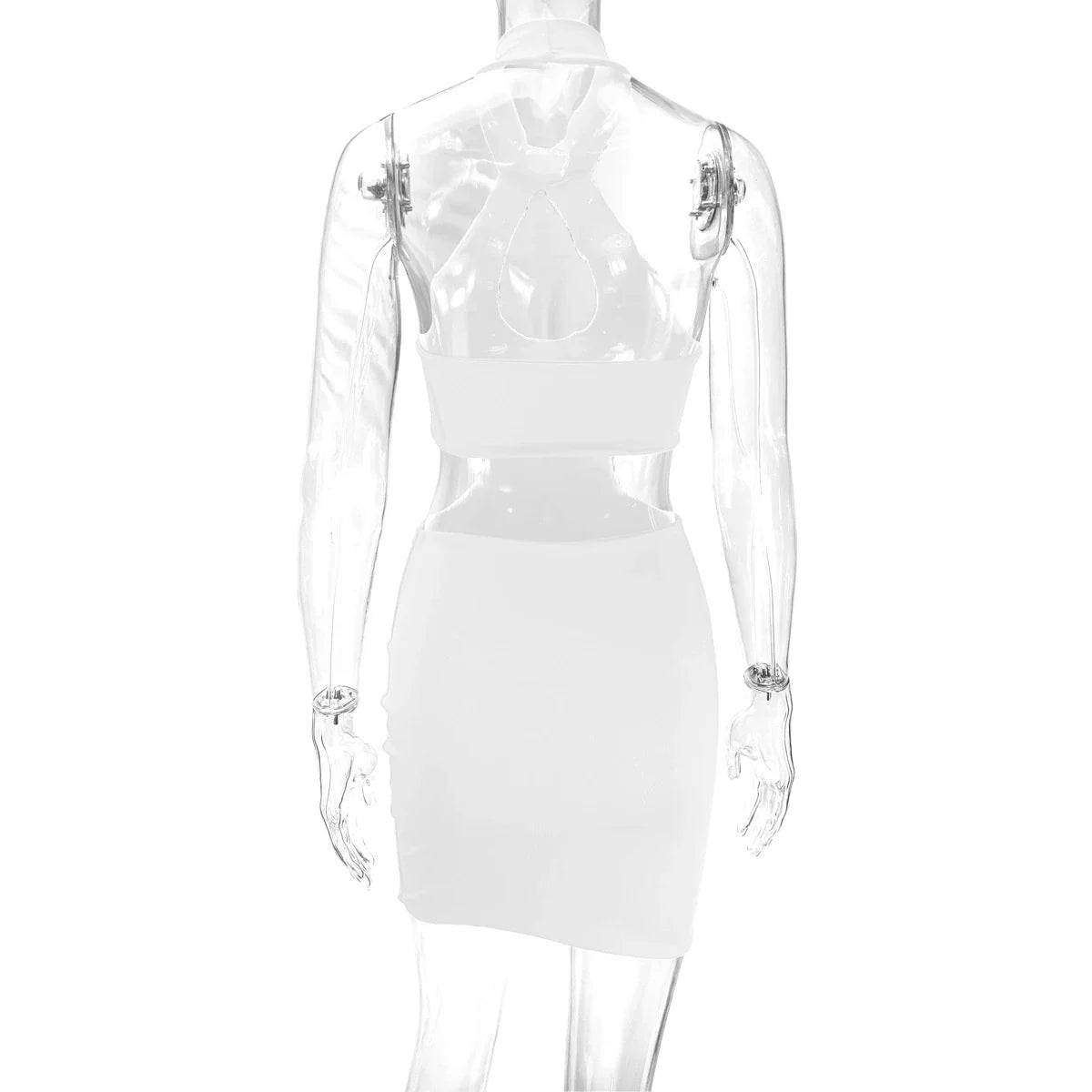 Backless midi skirt with halter neckline and trendy cutouts, available in white, black, and red colors