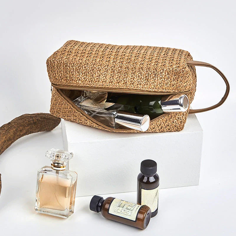 Elegant and Practical Cosmetic Bag made from high-quality straw material with a unique knitting pattern, providing ample storage and a stylish accessory for modern women.