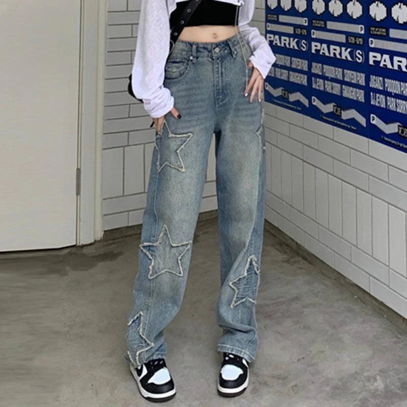 Premium embroidered high-rise straight leg denim jeans in a classic blue color