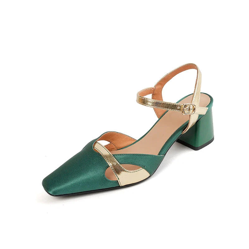 Elegant square heel sandals with ankle strap in green color, perfect for summer occasions