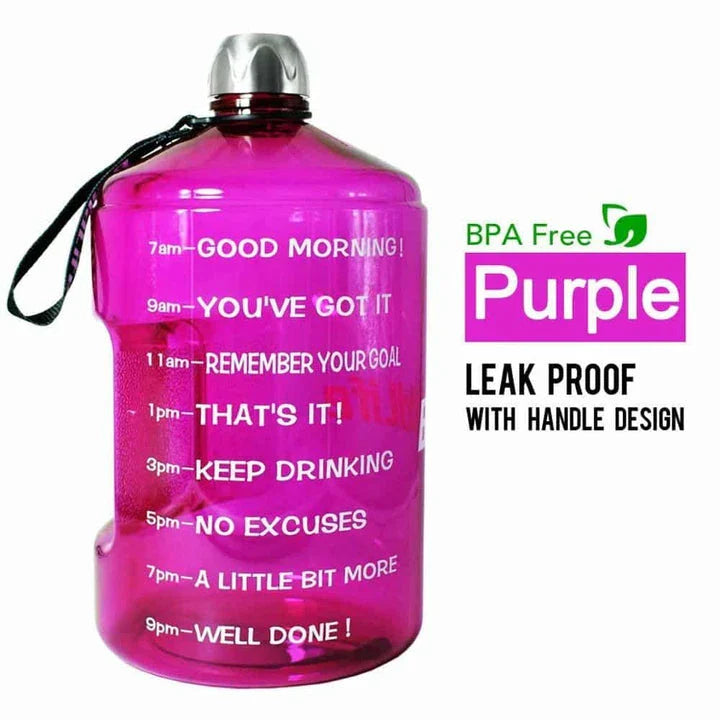 Durable gallon-sized water bottle with clear time markings for easy hydration tracking