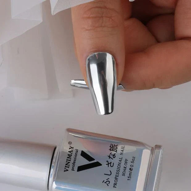 Metallic Mirror Silver Gel Nail Polish with a luxurious, high-gloss finish