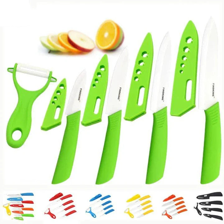 Vibrant ceramic knives in various colors, including red, blue, green, black, yellow, and orange, arranged on a white background.