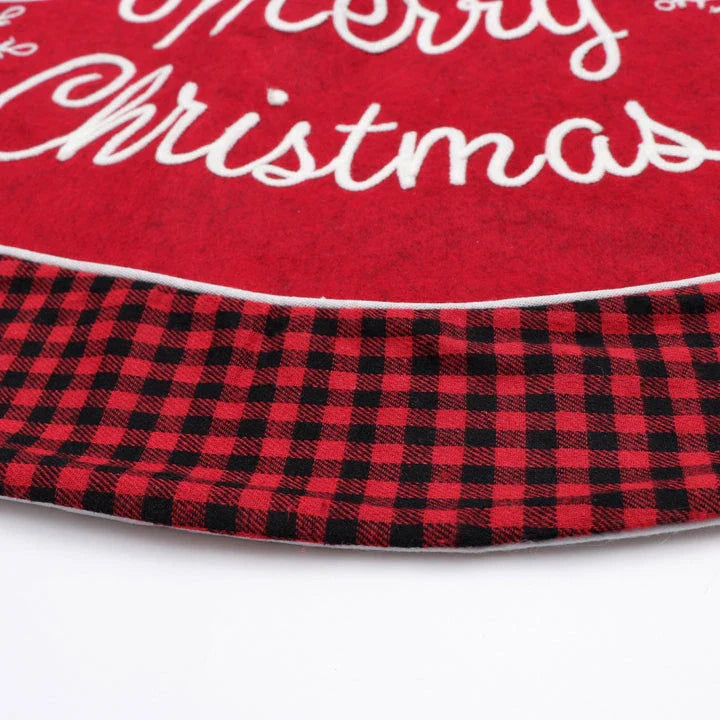 Premium plaid Christmas tree skirt with festive red and black edging