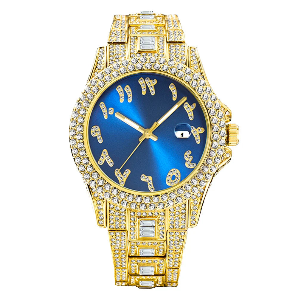 American-designed diamond-encrusted waterproof quartz watch with gold-plated stainless steel construction