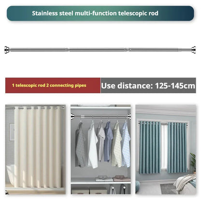 Adjustable stainless steel tension shower curtain rod in multiple size options for versatile bathroom and home use