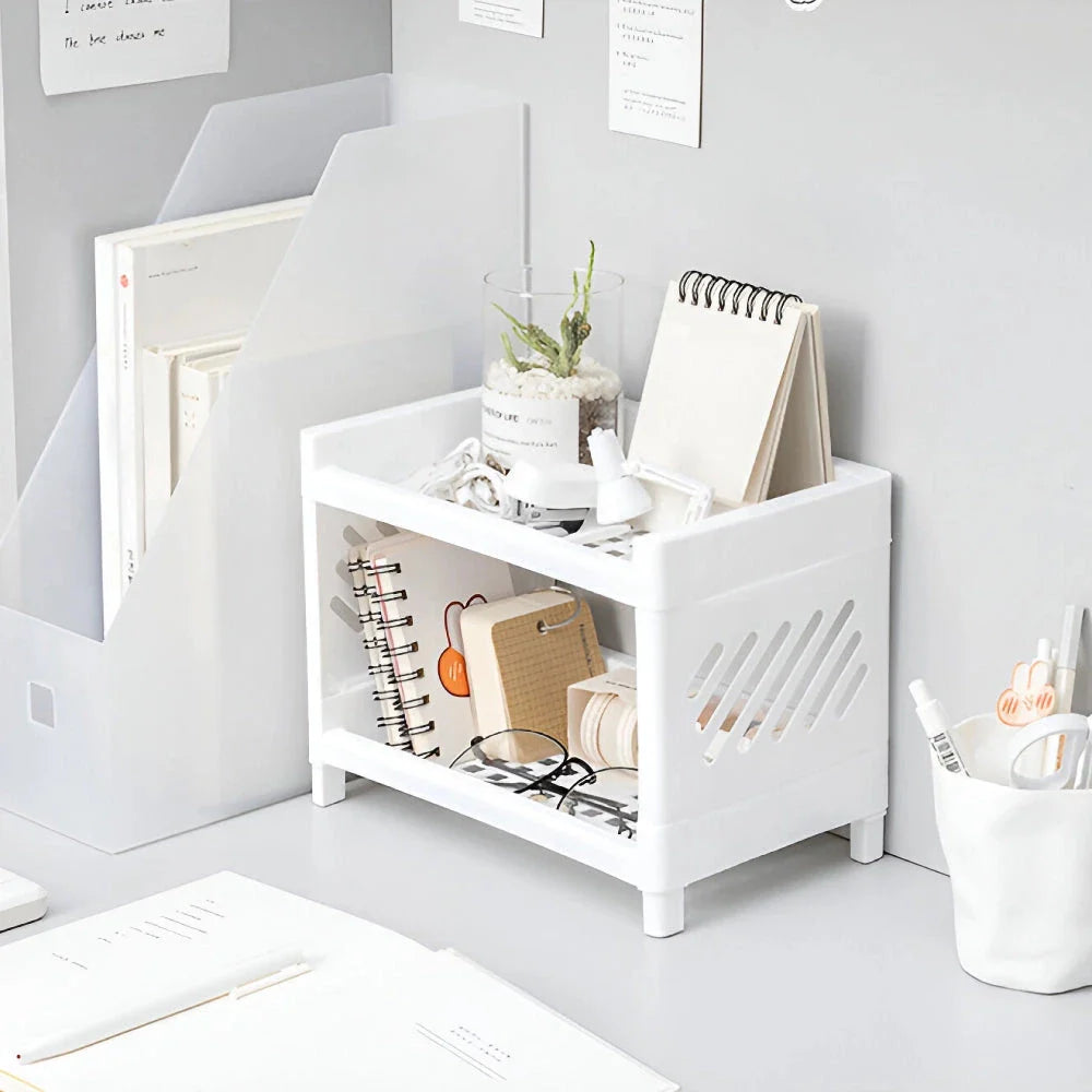 Sleek white desktop organizer with two-tier storage compartments for keeping office supplies, cosmetics, and other essentials neatly organized on a desk or countertop