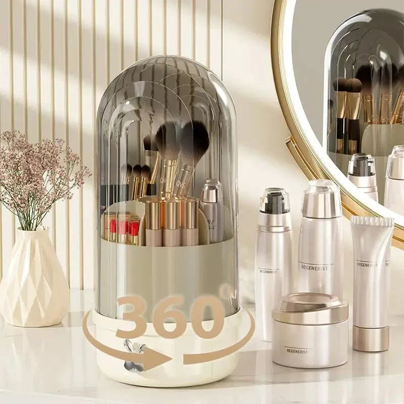 A 360-degree rotating makeup brush holder with a convenient drawer for storing brushes and other small makeup items