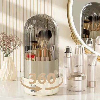A 360-degree rotating makeup brush holder with a convenient drawer for storing brushes and other small makeup items