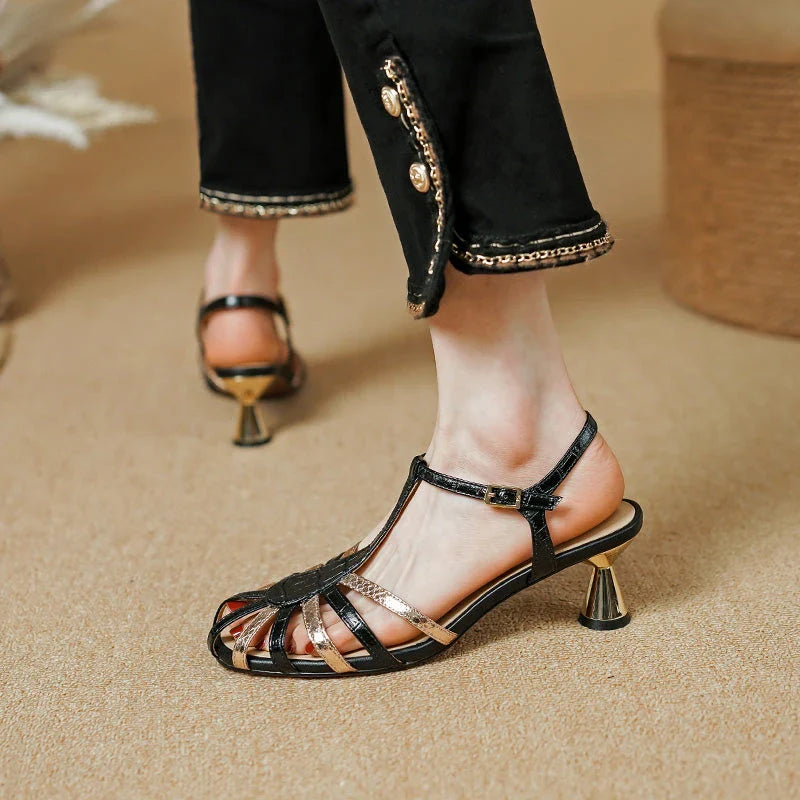 Chic and comfortable high heel sandals with a delicate thin heel, microfiber upper, and buckle strap closure for versatile summer style