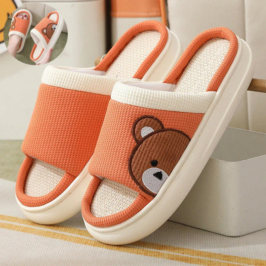 Cozy cartoon bear design linen slippers with non-slip, breathable sole for comfortable indoor wear