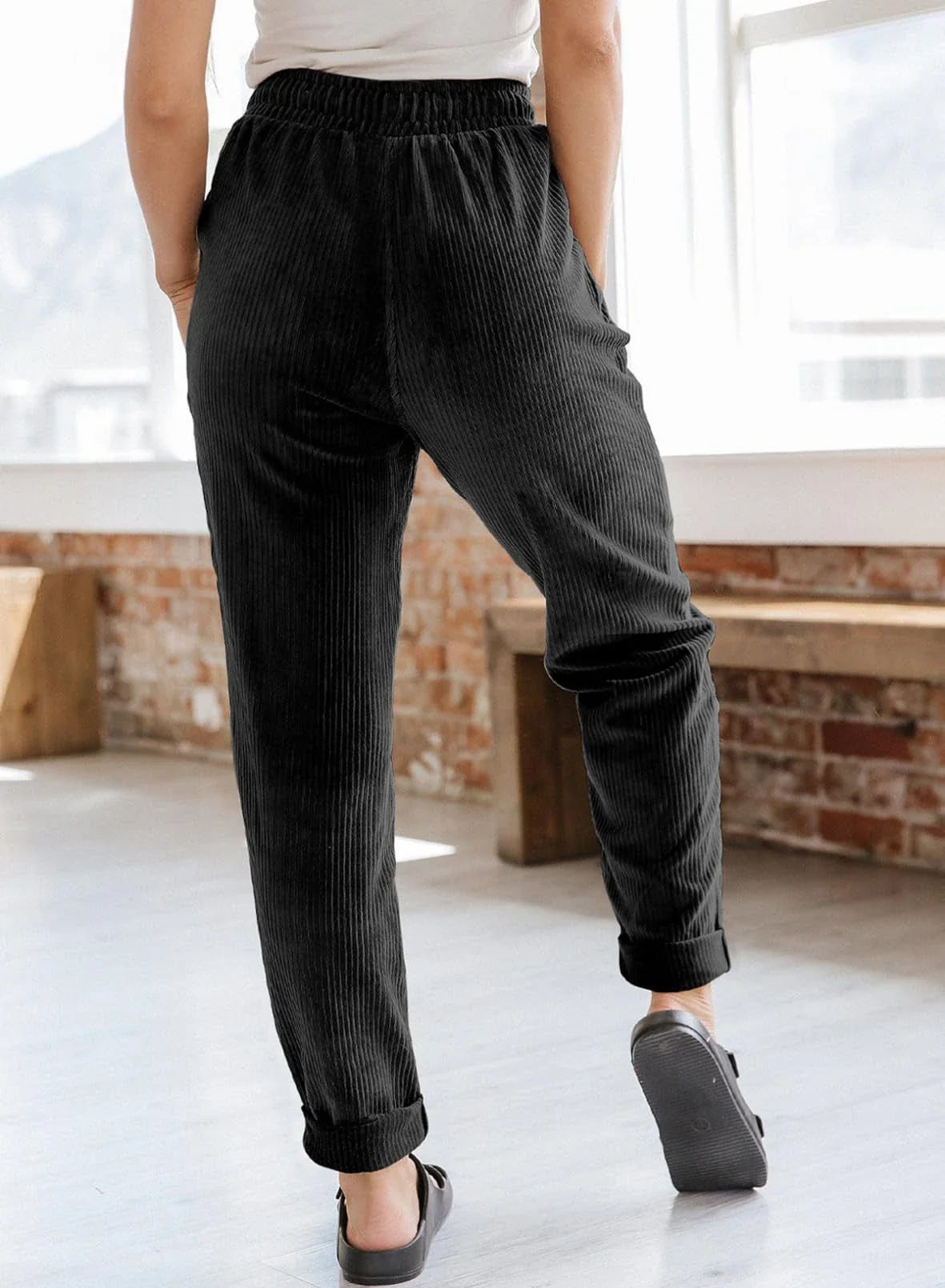 Women's Corduroy Pants with Wide-Leg Silhouette, Elastic Waistband, and Pockets