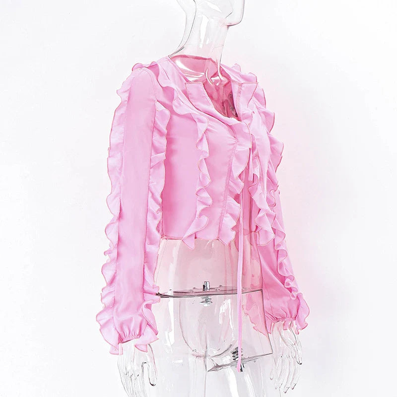 Cute heart-shaped bow tie blouse for girls in pink with ruffled v-neck and slim fit