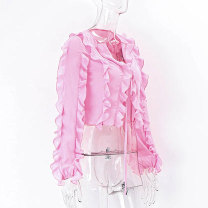Cute heart-shaped bow tie blouse for girls in pink with ruffled v-neck and slim fit