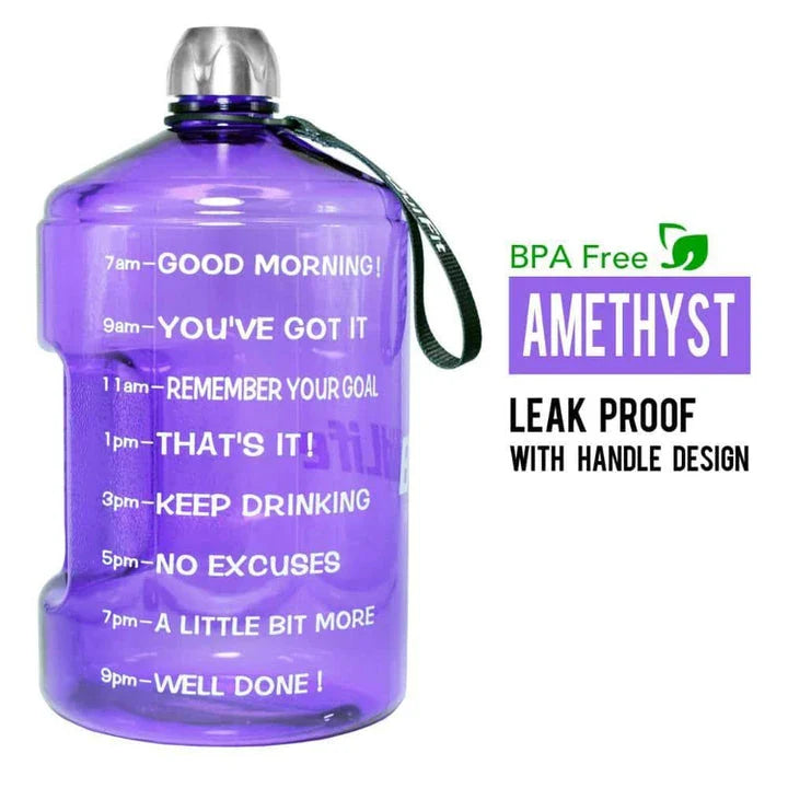 Durable gallon-sized water bottle with clear time markings for easy hydration tracking