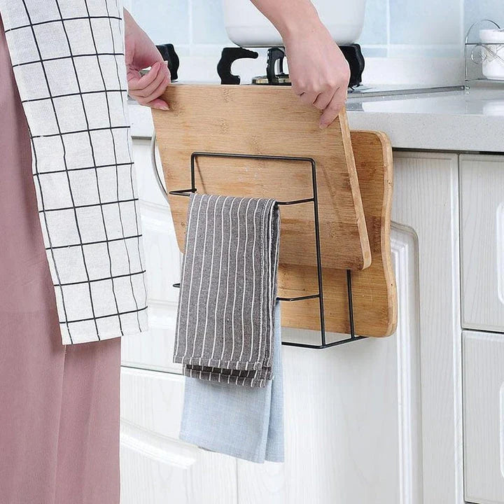 A modern 3-tier kitchen storage rack made of wood and metal, providing organized storage for kitchen essentials.