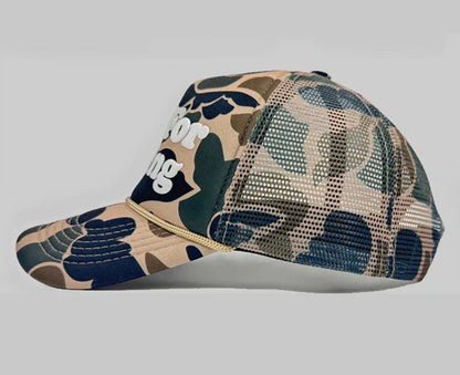 Camo curved brim hat with embroidered 'Live For Feeling' slogan, adjustable size for all-day comfort and style