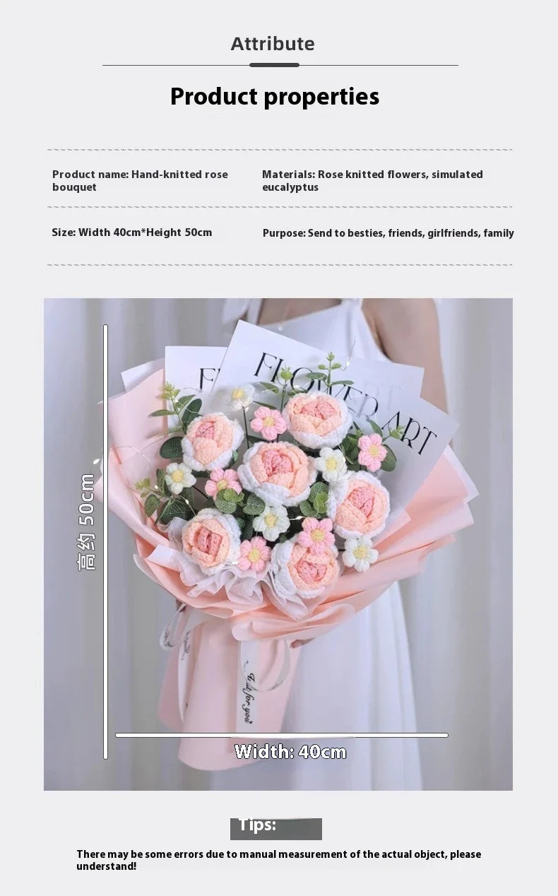 A knitted floral bouquet with vibrant flowers and LED lighting, creating a mesmerizing and elegant home decor piece.