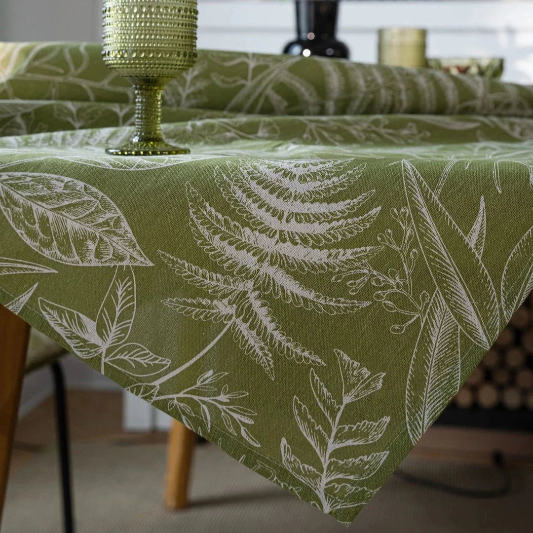 Green Leaf Sketching Dining Table Cloth with a charming jacquard weave and printed leaf pattern