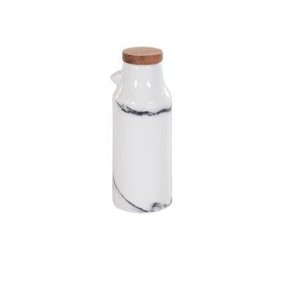Elegant ceramic salt and pepper oil bottle set with wooden lids, perfect for storing and displaying seasonings and cooking oils in a modern kitchen