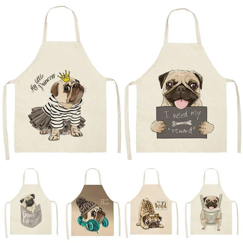 Charming pug-themed apron with a vibrant print, made of durable cotton and linen materials for practical kitchen use.