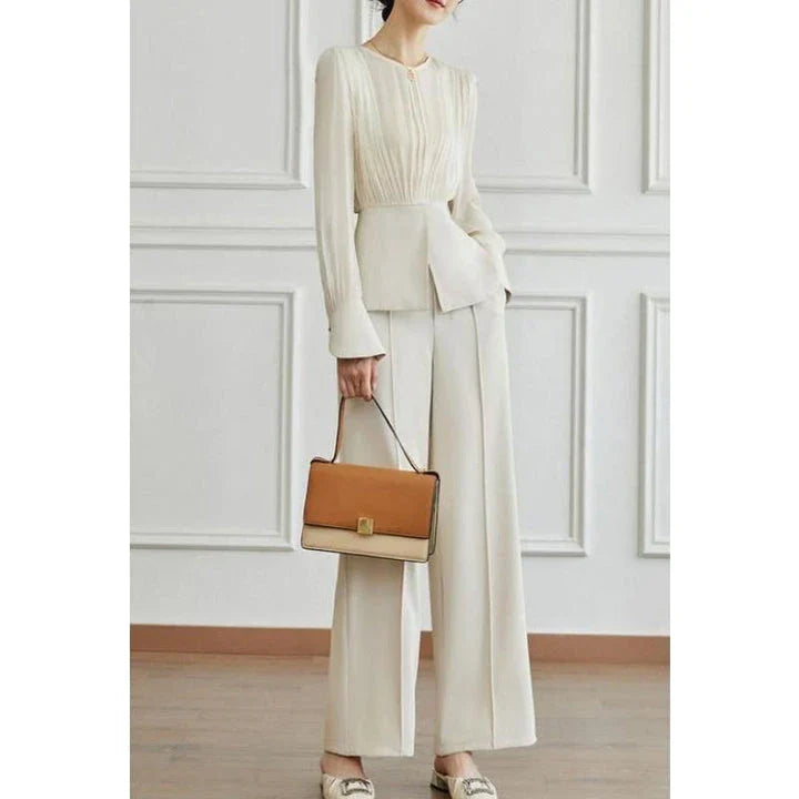 Elegant long sleeve top and wide leg pants set in solid color for stylish autumn wear