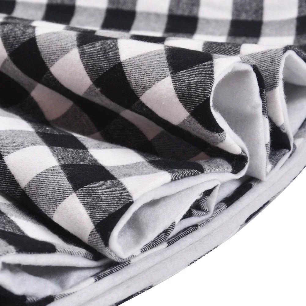 Premium black and white plaid Christmas tree skirt with classic pattern and durable non-woven fabric construction