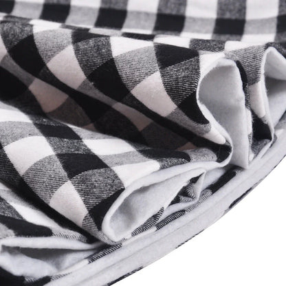 Premium black and white plaid Christmas tree skirt with classic pattern and durable non-woven fabric construction