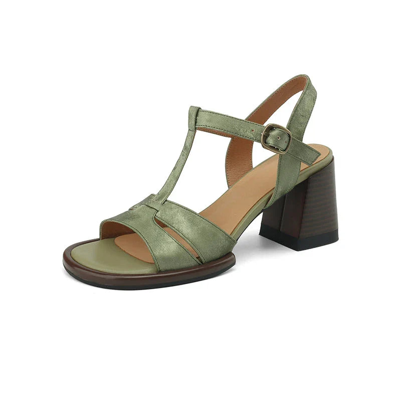 Genuine leather gladiator sandals with chunky heel, open-toe design, and secure buckle strap closure for summer style