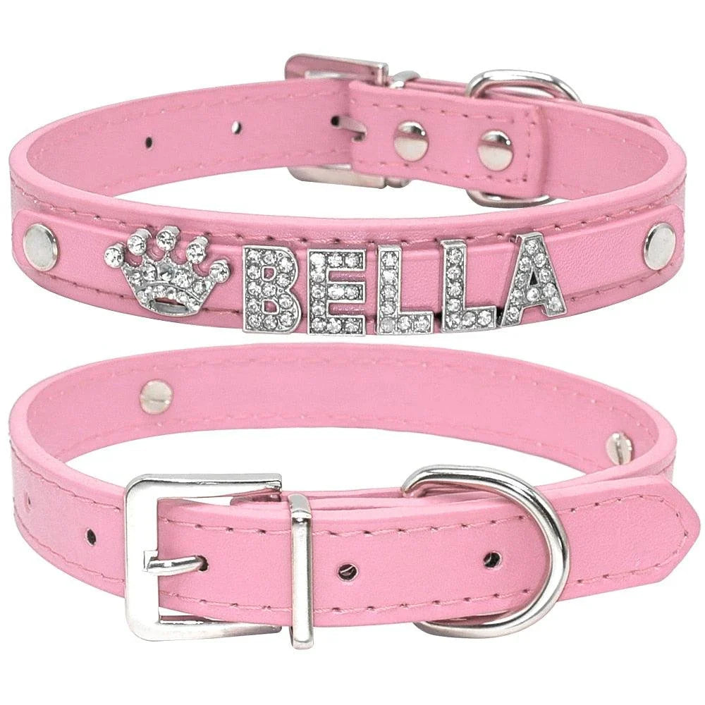Elegant leather dog collar with shimmering crystal embellishments, perfect for adding a touch of luxury to your pup's style.