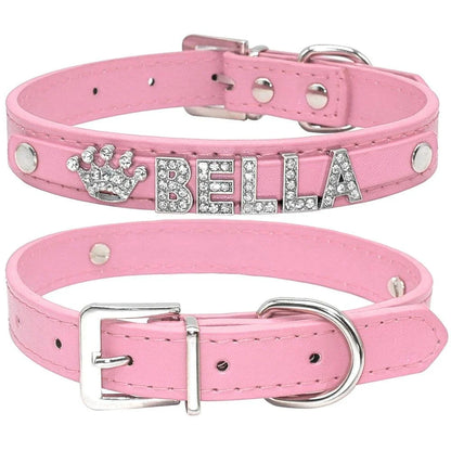 Elegant leather dog collar with shimmering crystal embellishments, perfect for adding a touch of luxury to your pup's style.