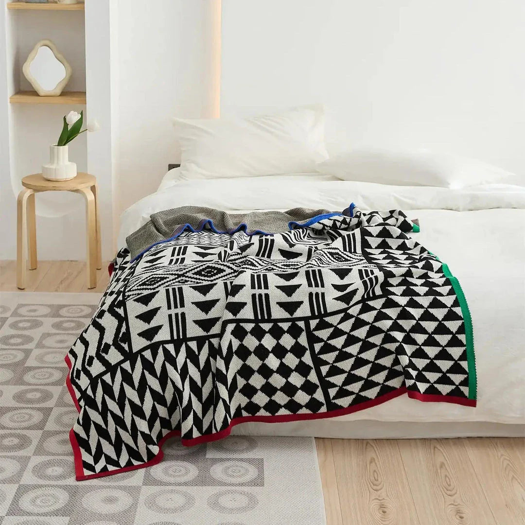 Cozy Geometric Cotton Blanket in Black and Gray with Vibrant Stripe Trim