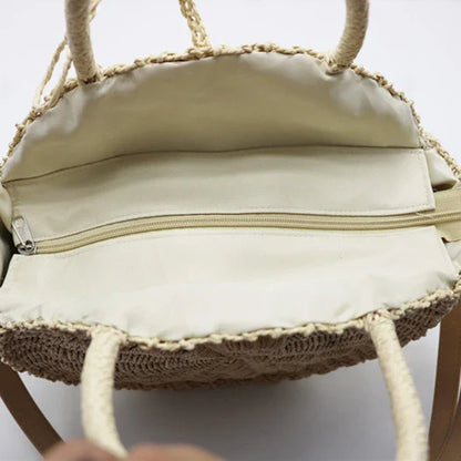 Stylish round straw woven handbag with zipper closure and comfortable carrying handle