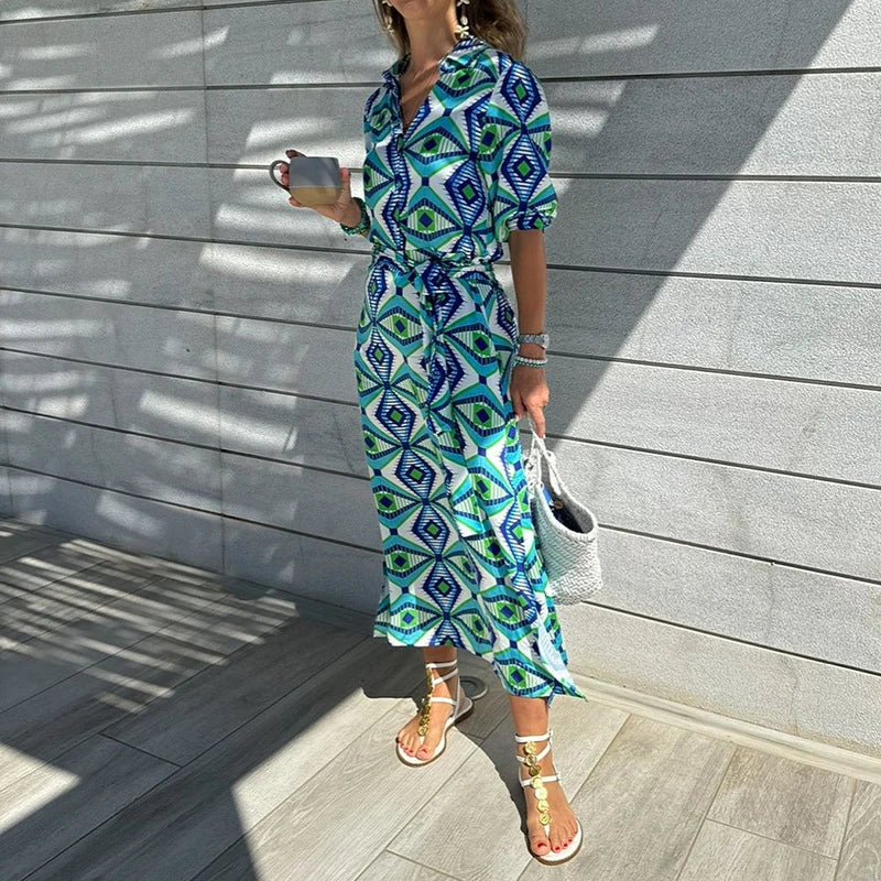 Stylish Printed Blouse Collar Bohemian Mid-Length Dress in Sky Blue with A-Line Silhouette and Geometric Pattern