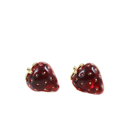 Fashionable red resin stereo strawberry stud earrings for women, featuring a captivating 3D illusion design