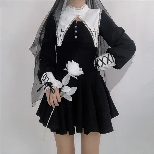 Hhomeenjoy Elegant Dark Gothic Nun Dress for Fashionable Devotion
