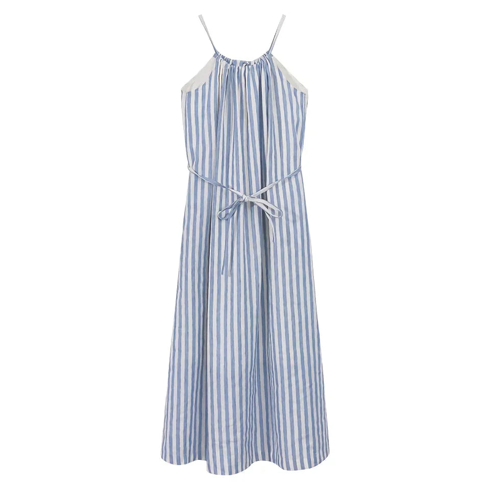 Chic striped cotton linen maxi dress with a flattering A-line silhouette and natural waistline