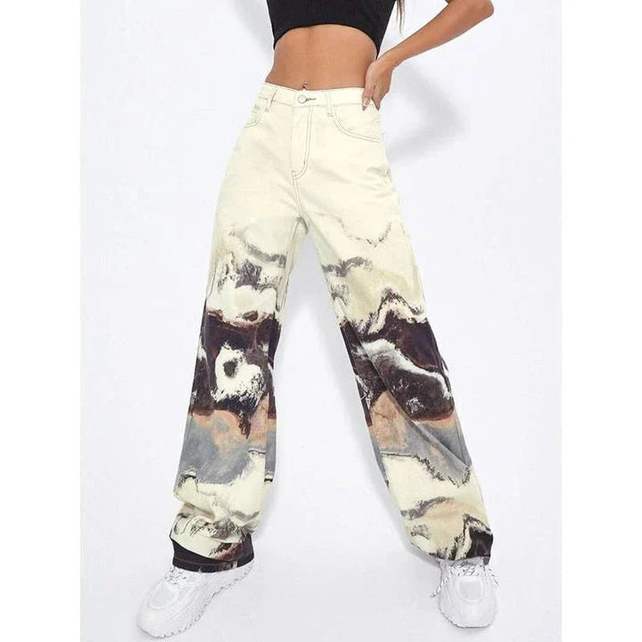 Stylish Korean tie-dye wide-leg high-waist jeans with a unique colorblock design, perfect for casual and office wear