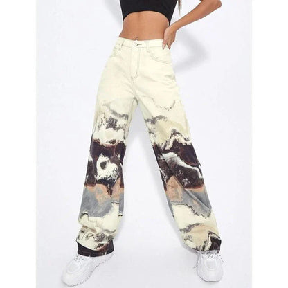 Stylish Korean tie-dye wide-leg high-waist jeans with a unique colorblock design, perfect for casual and office wear