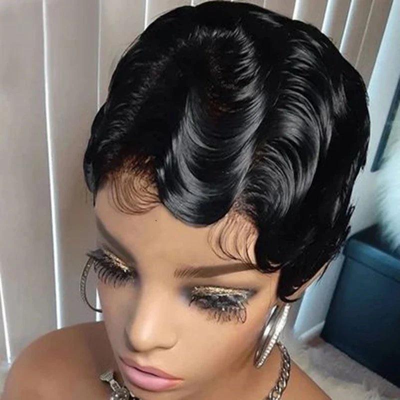 Human Hair T Frontal Deep Wave Pixie Cut Bob Wig - Captivating Accessory for Glamorous Transformation