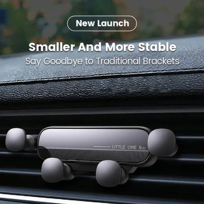 Gravity-powered car phone holder with air vent mount, securely holding a smartphone in place