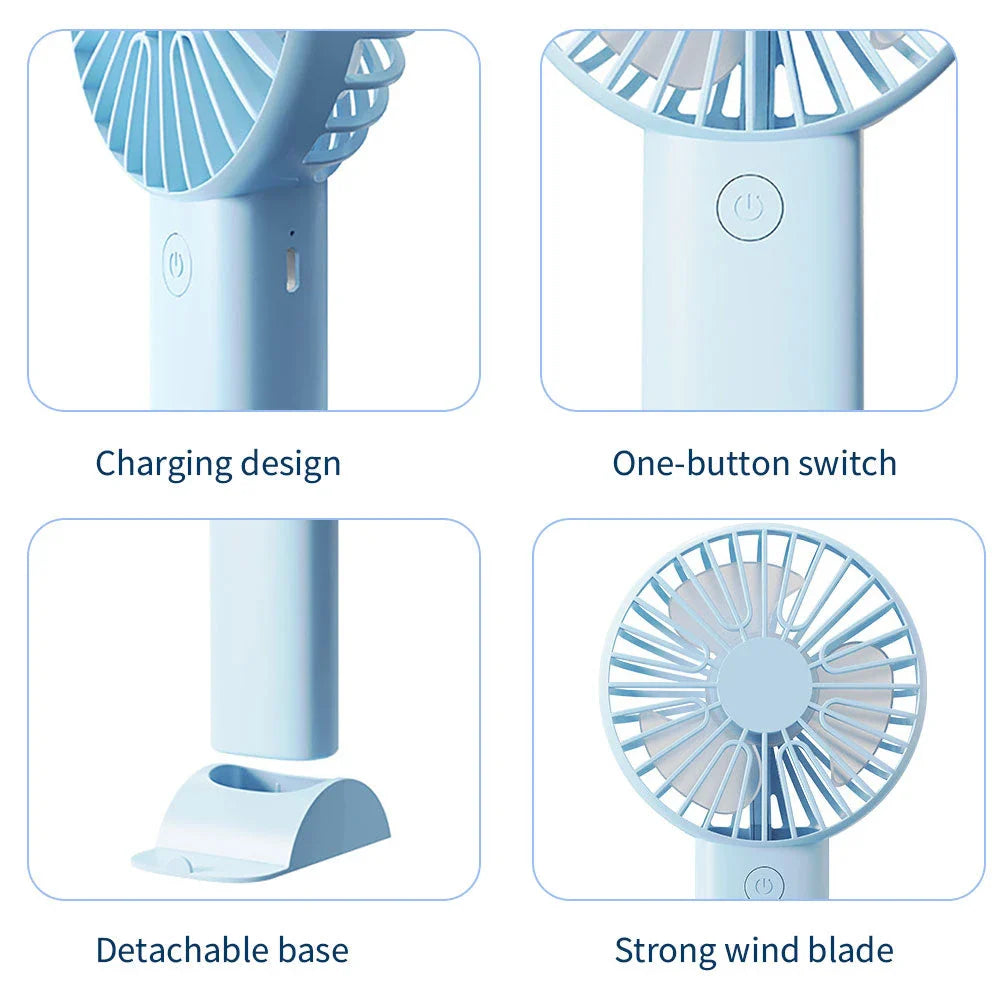 Compact USB Rechargeable Mini Handheld Fan with 3 wind modes, desktop stand, and phone holder for cooling anywhere