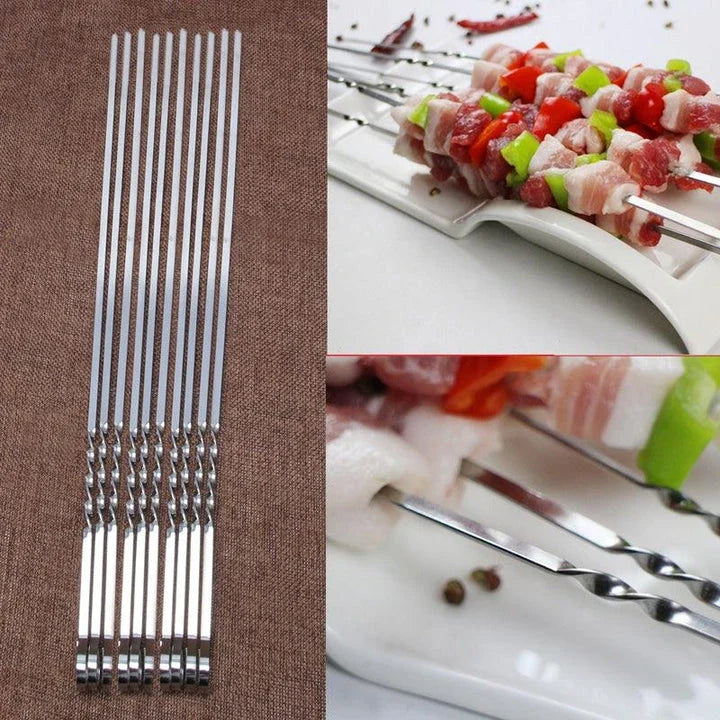 Set of 10 durable flat stainless steel barbecue skewers for secure and hassle-free grilling