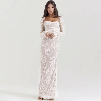 Elegant ivory lace 2-piece evening dress set with tie-up back and ankle-length silhouette