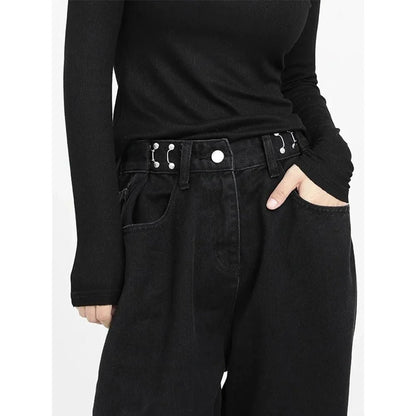 A pair of high-waist black jeans with a relaxed wide-leg design, perfect for effortless style and comfort.