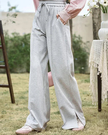 High-Waisted Wide Leg Casual Pants with Lace-Up Waist in Gray Color