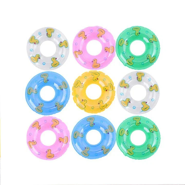Colorful inflatable swim rings designed to float and entertain children during bath time and pool activities