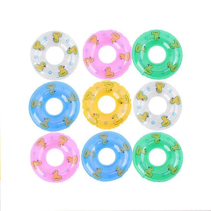 Colorful inflatable swim rings designed to float and entertain children during bath time and pool activities